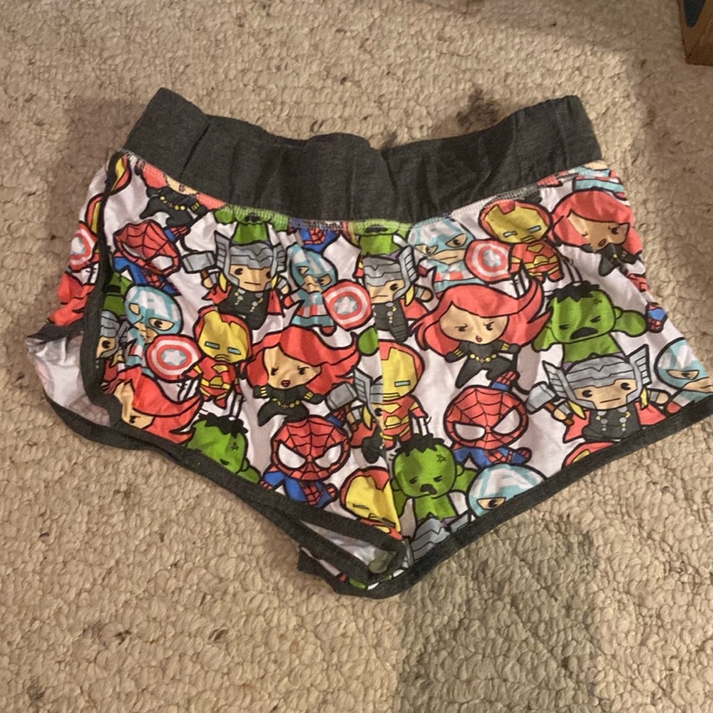 Marvel short shorts with superhero print in a size large.